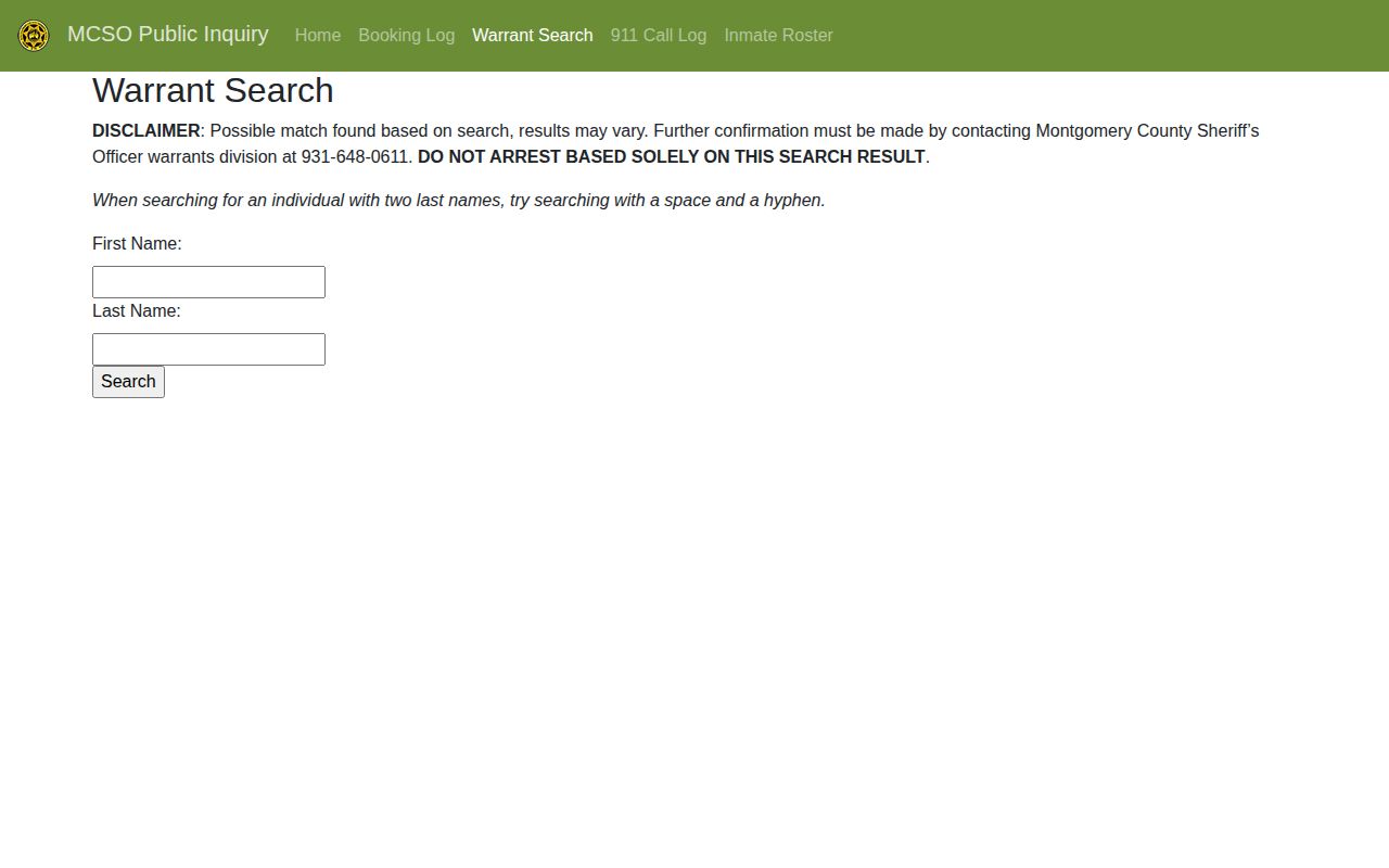 Montgomery County adult arrest warrant search interface